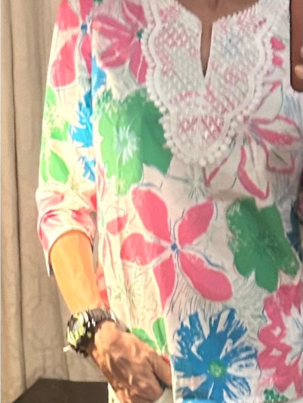 Talbots White Floral Lace-Trim Tunic with Pink, Green & Blue Blooms